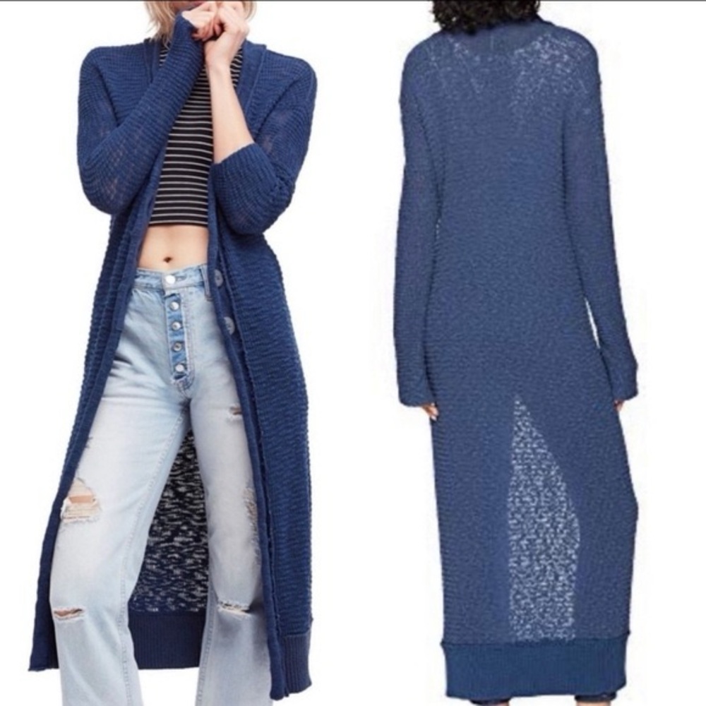 Free People Clearwater Boho Long Maxi Knit Duster Cardi – Deep Dark Navy Blue 💙